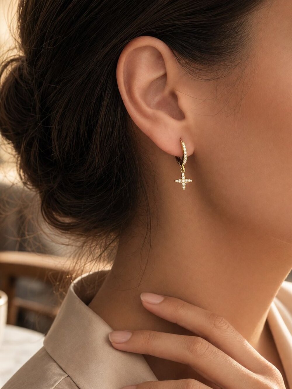 Gold Pave CZ Dainty Starburst Celestial Cross Huggie Earrings
